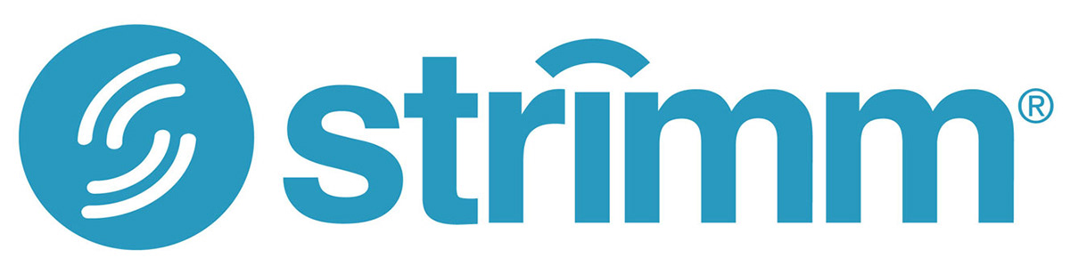  Large blue circle on the left. Within the blue circle, is a set of two white lines, following the roation of the the circle. Next to the circle, in large blue bold text the word Strimm.